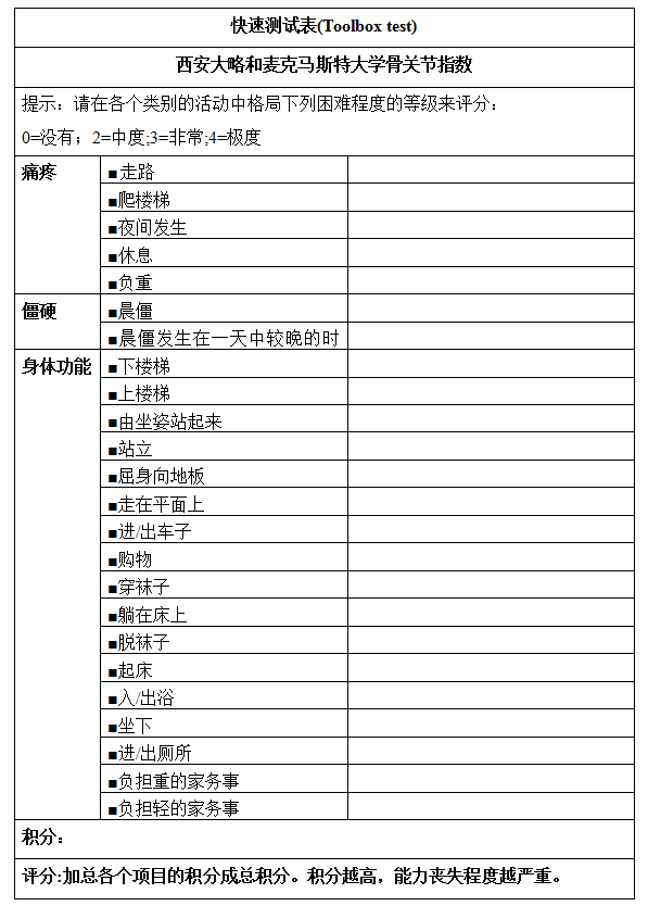 骨关节指数 快速测试表